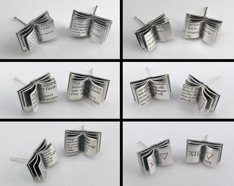 May include: A set of silver book-shaped earrings with various quotes and text printed on the pages. The quotes include "It wasn't my fault. Door Harry Dresden", "The building was on fire, and", "I am an human being with no respect for the law. I am free. The will", "Lock up your memories if you don't like them. There is no gate. No", "Magic is believing in your dreams. You can make anything happen", "There is nothing than an enjoyment like reading a book", "I saw later the girl of a dream", "He was first to recognize me", "XII", "XI".