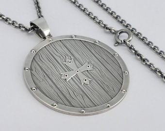 Silver shield pendant, wood effect 925 protection necklace