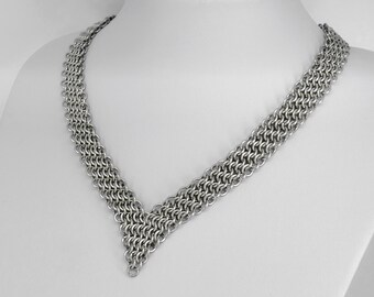 Surgical Steel Chainmaille Necklace, V-Shaped Chainmail Choker