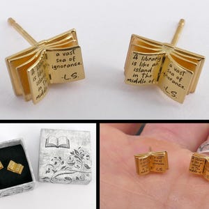 Open Book Silver Stud Earrings, Engraved Personalized Text Available, yellow and rose gold plated finish possible Yellow Gold plated