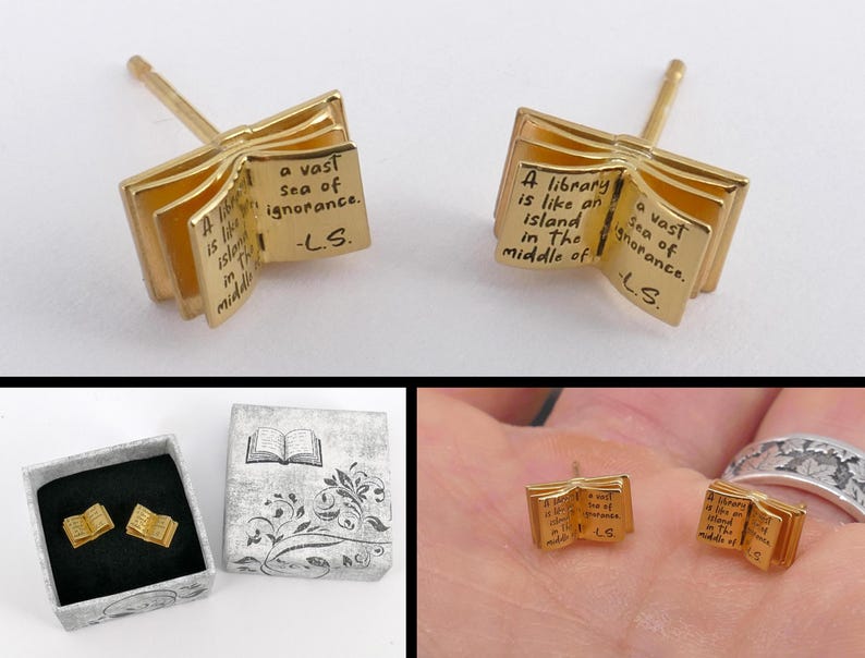 Open Book Silver Stud Earrings, Engraved Personalized Text Available, yellow and rose gold plated finish possible Yellow Gold plated