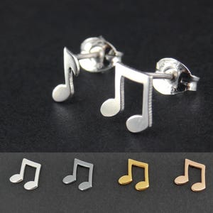 Silver Note Stud Earrings, Yellow or Gold plated Music studs