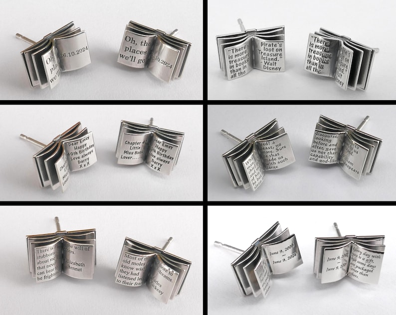 May include: A pair of silver book-shaped earrings with different engraved text on each side. The text includes quotes and personal messages.