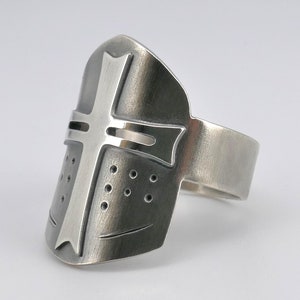 Sterling Silver Templar Helmet Ring: Oxidized Knight Armor
