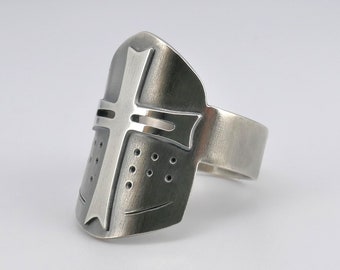 Sterling Silver Templar Helmet Ring: Oxidized Knight Armor
