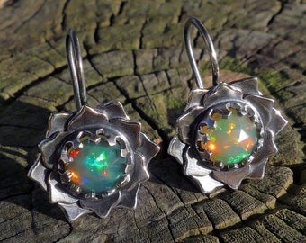 Opal Silver Earrings, Gemstone Lotus Flowers