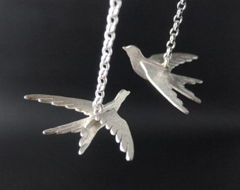 Swallows - Sterling Silver 3D Earrings, Flying birds