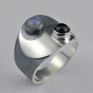 Yin Yang Sterling Silver Ring with Onyx and Moonstone Gemstones, personalized with custom engraving