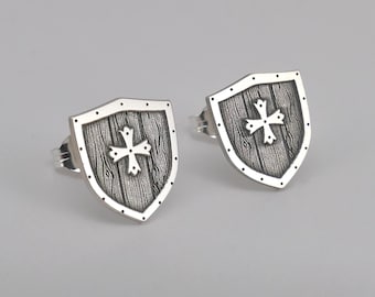 Shield Stud Earrings, Sterling Silver Wooden Medieval Knight's Armour, gold plating available