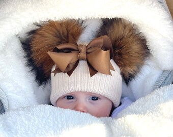 Baby Winter Knit Bow Hat with Fur Pom Poms + 3 Interchangeable Boutique Bows