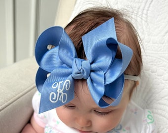 Hand Painted Monogram Bow Headband with Twisted Center Knot - 4.5" Monogrammed Bow with Double Knot Center on Pantyhose Nylon Headband