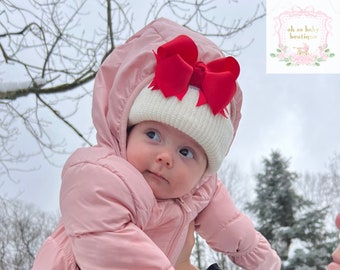 White Pearl Knit Winter Baby Bow Hat + 3 Interchangeable Boutique Bows