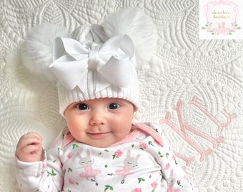 White Cable Knit Pom Pom Winter Baby Hat + 3 Interchangeable Boutique Bows