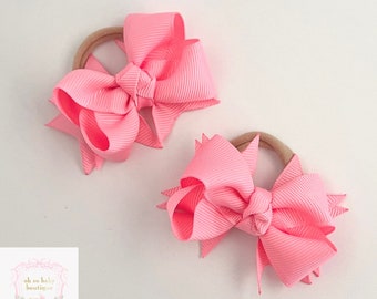 Mini Bow Hair Ties - “Piggies” - Set of 2 Mini Boutique Bows Attached to Baby Pony Tail Holders - Baby Hair Accessories, Baby Bow Bracelets