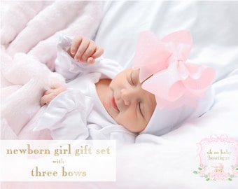 Newborn Bow Hospital Hat Gift Set for Baby Girl - White Newborn Hat + 3 Interchangeable Pink and White Bows - the Perfect Baby Shower Gift