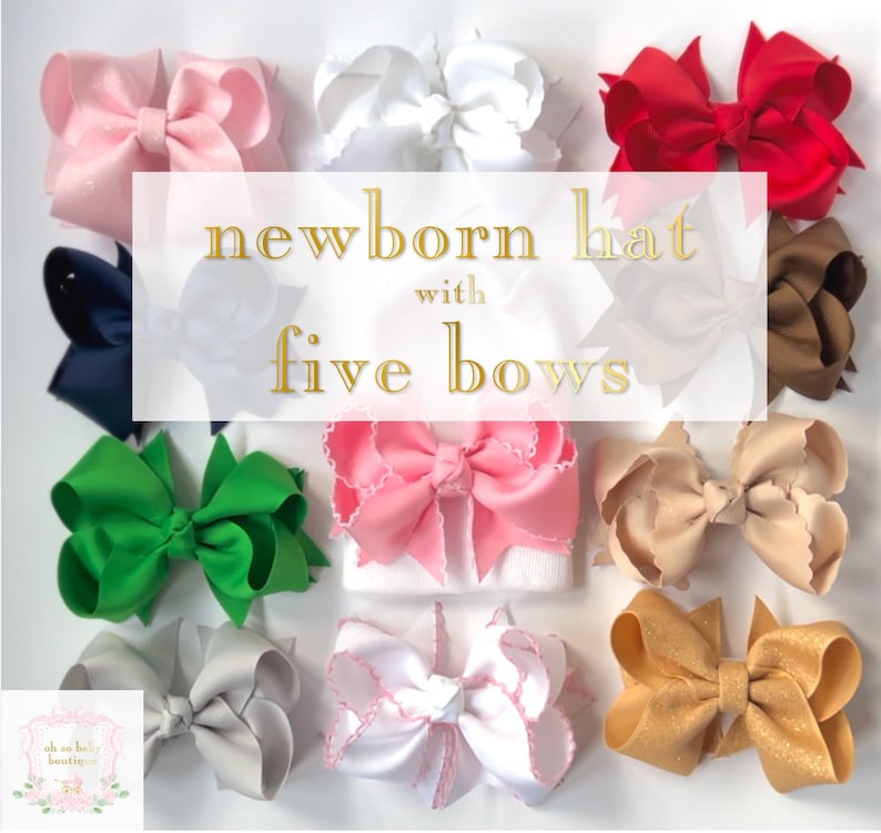 White Newborn Bow Hospital Hat 5 Interchangeable Boutique Bows You Choose the Colors image 1