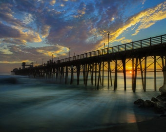 Oceanside Pier Sunset Photography Print, Carlsbad Beach Wall Art