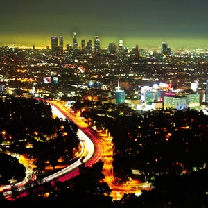 Los Angeles Skyline Night Photography, City Lights Wall Art, Gallery Canvas