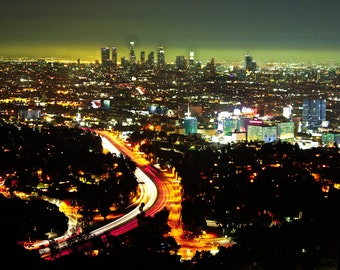 Los Angeles Skyline Night Photography, City Lights Wall Art, Gallery Canvas