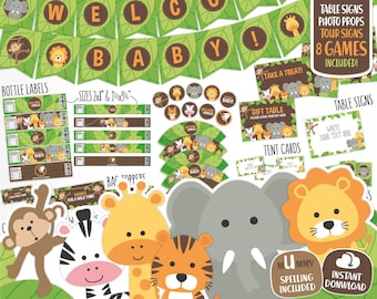 Safari Baby Shower Decorations Package - Printable Jungle Theme Baby Shower Decor - Cute Funny Gender Neutral Shower - Digital Download