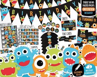 SELF EDITABLE Little Monster Birthday Decorations Package. Printable Kids Birthday Party Decor. Black Funny Monsters Digital Download