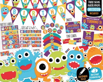 SELF EDITABLE Little Monster Birthday Decorations Package. Printable Kids Birthday Party Decor. Funny First Birthday. Digital Download