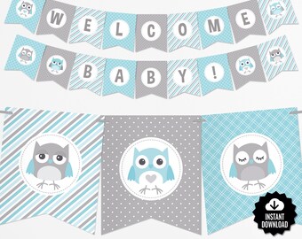 Woodland Owl Baby Shower Its A Boy Banner Blue And Gray Etsy