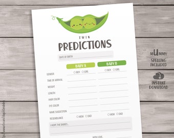 Twin Baby Predictions Cards. Two Peas in a Pod Baby Shower Predictions. Gender Neutral Printable Games. Twin Modern Baby Shower Keepsake