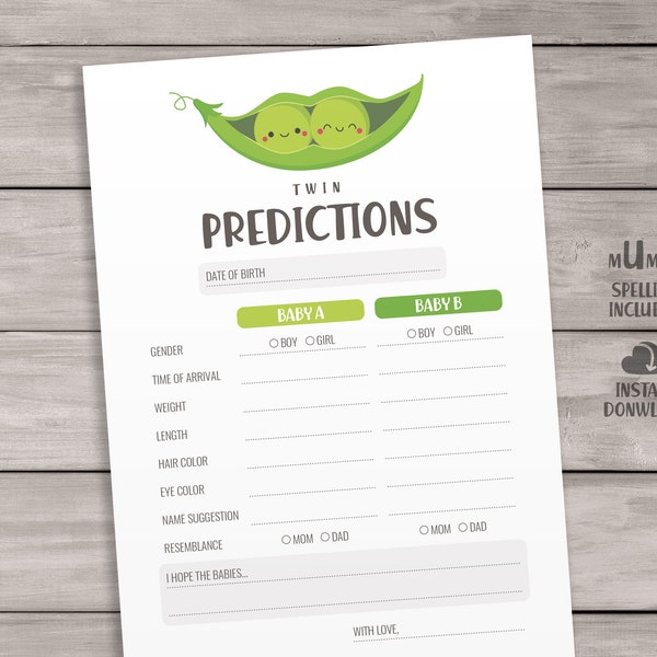 Twin Baby Predictions Cards. Two Peas in a Pod Baby Shower Predictions. Gender Neutral Printable Games. Twin Modern Baby Shower Keepsake