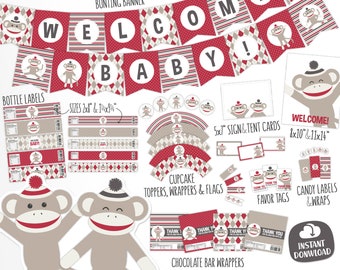 Sock Monkey Baby Shower Decorations - Printable Baby Monkey Package - Cute Red and Beige Neutral Gender Shower Decor. Digital Download