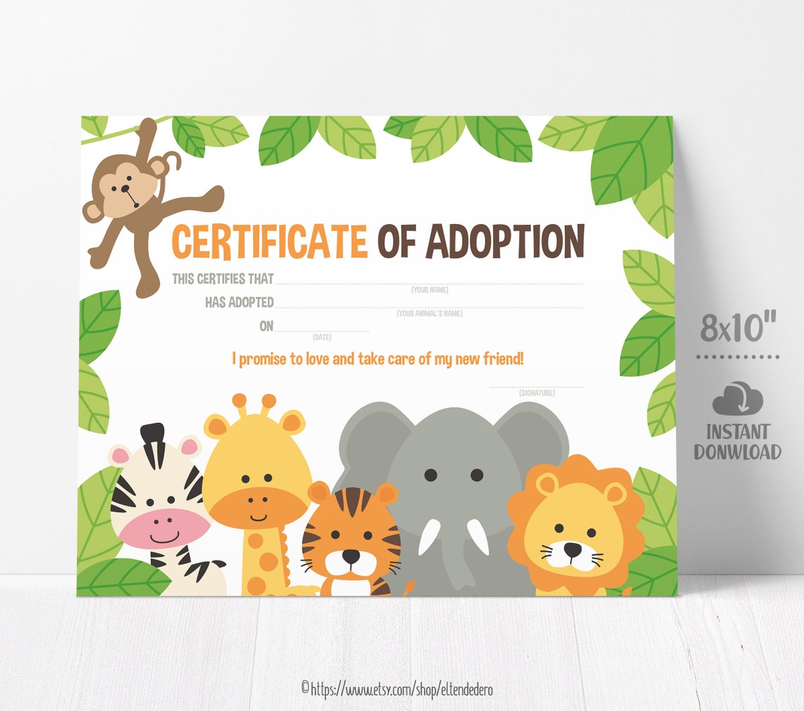 Adopt an Animal Adoption Certificate. Safari Kids Party Games. Etsy