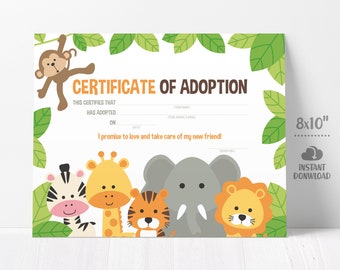 Adopt an Animal Adoption Certificate. Safari Kids Party Games. Jungle Birthday Printable Pet Adoption Baby Shower Activity, Instant Download