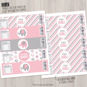 Pink Elephant Water Bottle Labels. Girl Baby Shower Bottle Labels ...