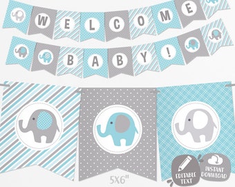 SELF EDITABLE Blue Elephant Baby Shower Banner - Boy Baby Banner - Blue and Gray Baby Shower Decorations, Baby Boy Decor, Printable Garland