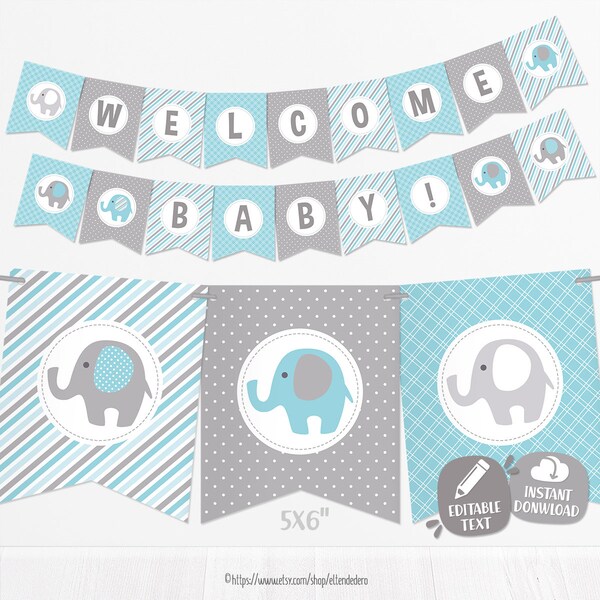 EDITABLE/ Banderines Baby Shower Elefante Azul. Guirnalda Bebé. Banderola Decoración Baby Shower Azul y Gris. Bebé Niño. Imprimible