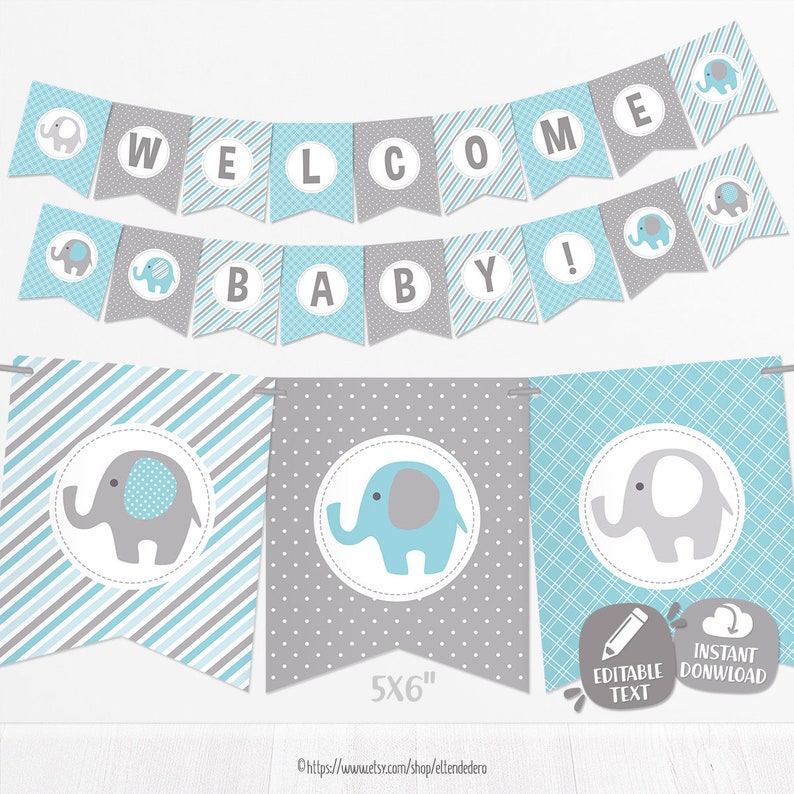 SELF EDITABLE Blue Elephant Baby Shower Banner Boy Baby Banner Blue and Gray Baby Shower Decorations, Baby Boy Decor, Printable Garland image 1