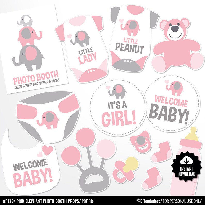 Baby Photo Accesories Pink and Grey Girl Baby Shower Props Pink Elephant Photo Props Baby Shower Photo Booth Props