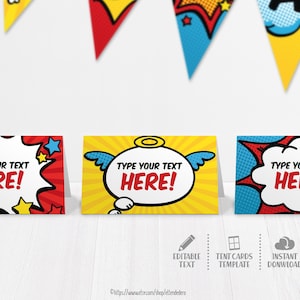 Cartões de buffet de super-heróis. Decoração de Mesa em Quadrinhos Chá de Bebê/Aniversário Infantil. Sinalização de festa para impressão - texto editável em PDF