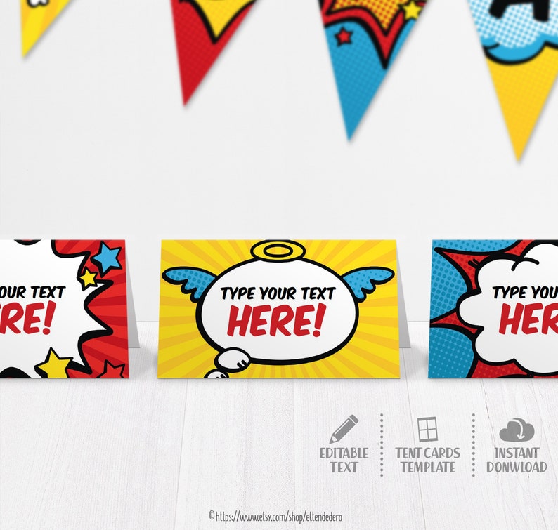 Superhero Place Cards. Editable Buffet Cards. Food Tent Cards. Printable Comic Book Baby Shower Kids Birthday Party Table Signs Decor image 1