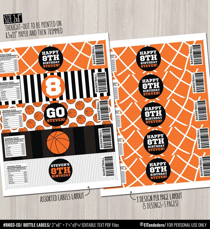Basketball Water Bottle Labels. Sports Party Labels. Printable | Etsy