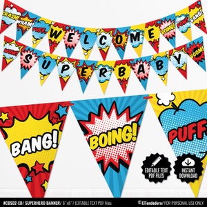 EDITABLE/ Banderines Baby Shower Superhéroes. Guirnalda Fiesta Premamá-Embarazo-Nacimiento Bebé Cómic. Banderola Decoración Super heroe.