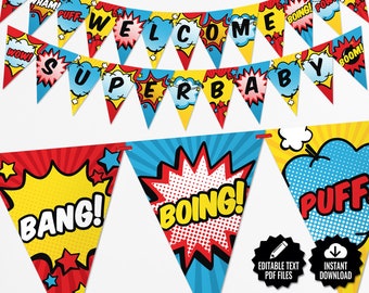 SELF EDITABLE/ Superhero Baby Shower Banner. Comic Book Theme Bunting Banner. Printable Pennant Garland. Superheroes Baby Shower Decorations