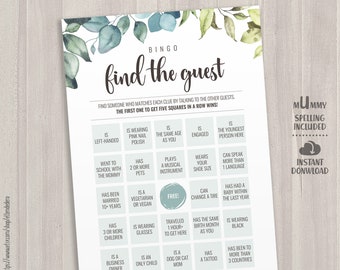 Find the Guest Bingo Baby Shower Game Cards. Printable Greenery Bingo Cards. Printable Activities. Modern Leaves Gender Neutral Baby Games