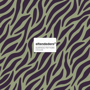 May include: A repeating surface pattern design featuring dark purple organic, wavy, zebra-like stripes against a muted sage green background. A white rectangular label in the centre displays the text eltendedero SURFACE PATTERN DESIGN.