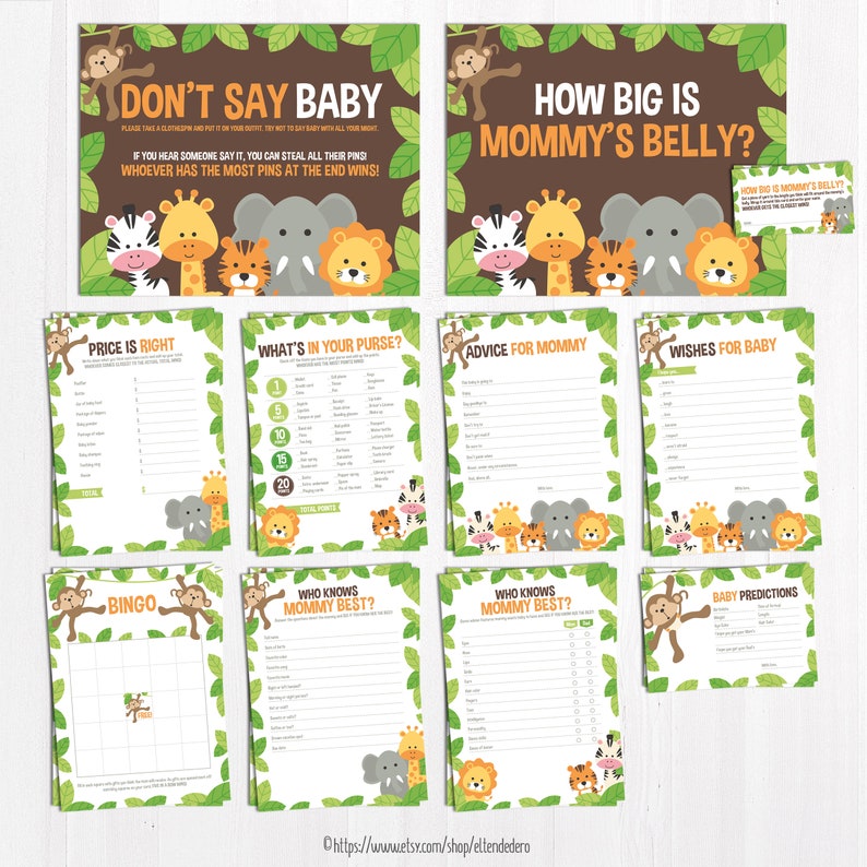 Safari Baby Shower Games Package Printable Game Cards Funny Baby Games Gender Neutral Jungle Theme Baby Shower Activities image 2