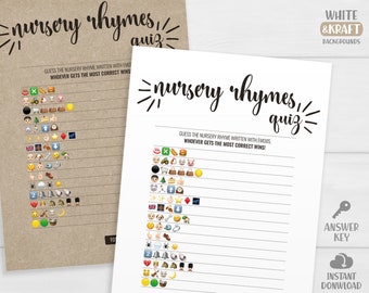 Baby Shower Emoji Pictionary Game Cards. Rustic Printable Nursery Rhymes Quiz Games. Kraft Minimalist Gender Neutral Guessing Activities