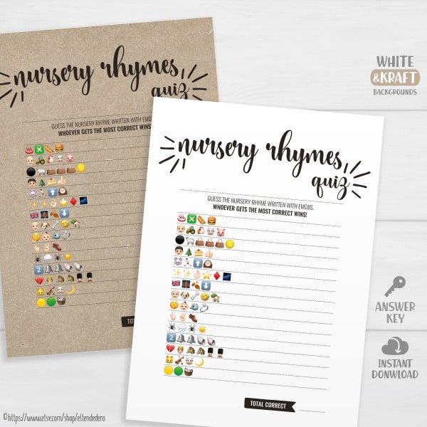 Baby Shower Emoji Pictionary Game Cards. Rustic Printable Nursery Rhymes Quiz Games. Kraft Minimalist Gender Neutral Guessing Activities