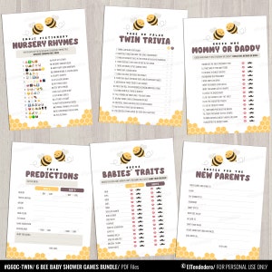 6 Twin Baby Shower Games Bundle. Printable Honey Bee Game Cards Set. Baby Games Pack. Gender Neutral Baby Shower Activities Kit PDF Download image 2