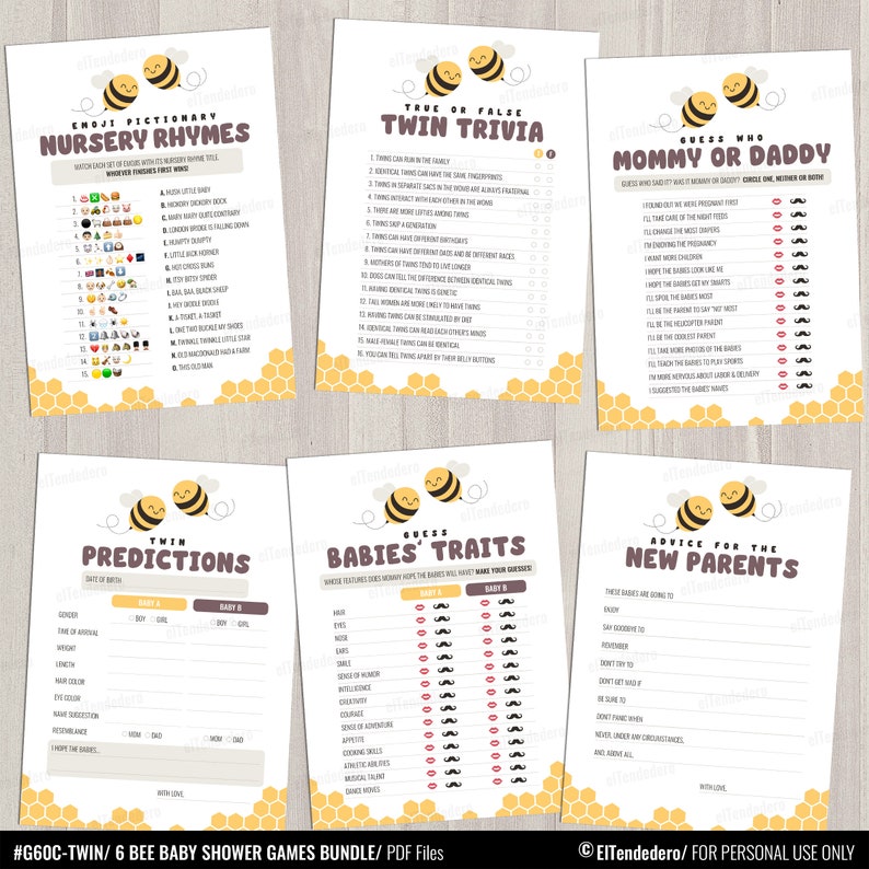 6 Twin Baby Shower Games Bundle. Printable Honey Bee Game Cards Set. Baby Games Pack. Gender Neutral Baby Shower Activities Kit PDF Download image 2