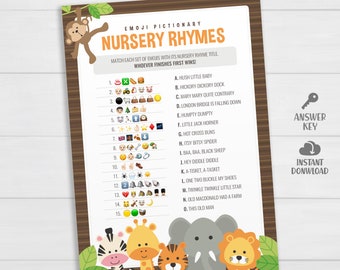 Nursery Rhymes Emoji Quiz Game Cards. Printable Safari Baby Shower Games. Jungle Animals Gender Neutral Baby Pictionary Guessing Activities